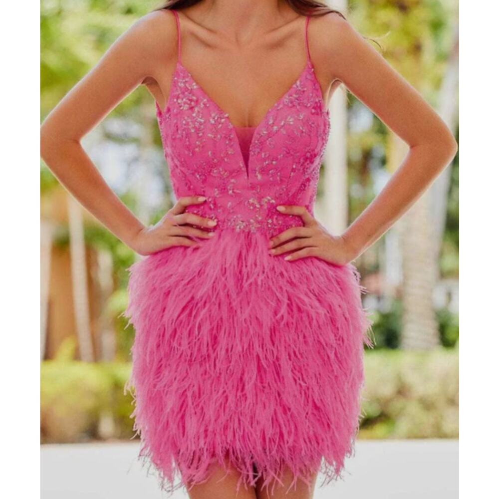Elegant Pink Feathered Mini Dress